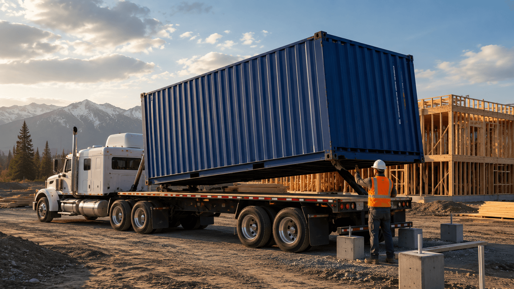 Container delivery — shipping container arriving at a customer site